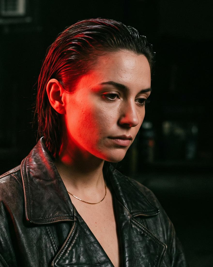Close portrait of Ines Varela, red light across her face