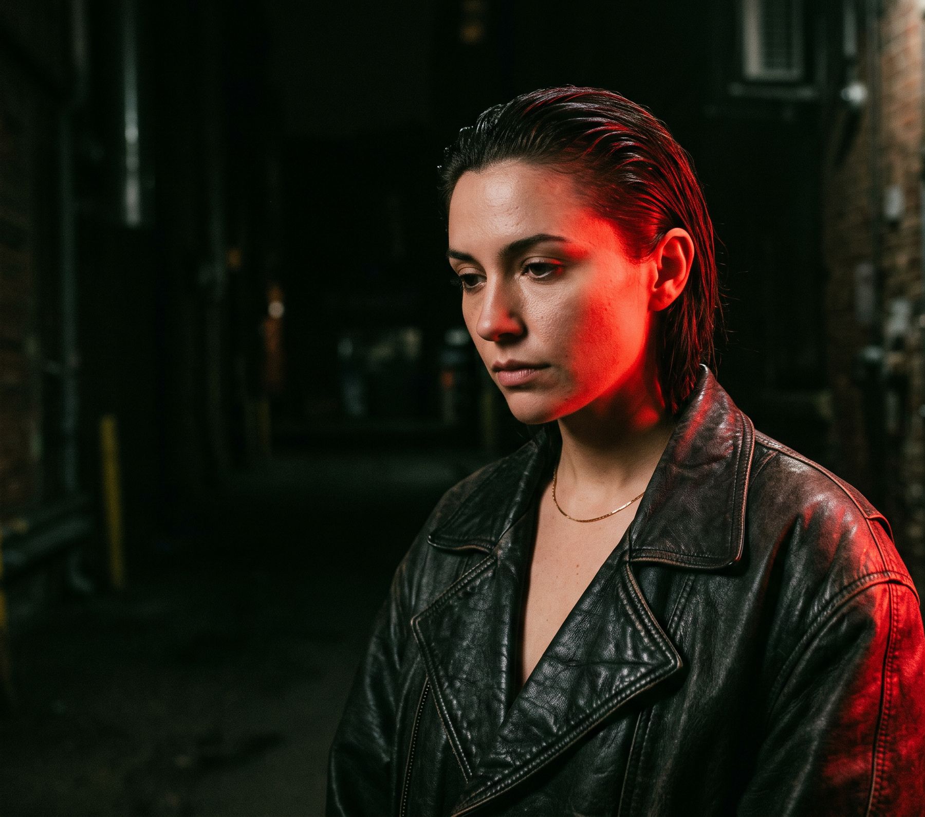 Ines Varela in a black leather jacket, lit red from one side, in a dark alley
