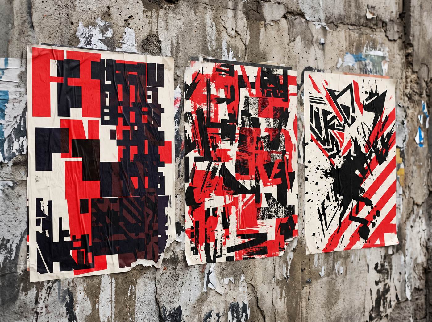 Three red, black and cream screen-printed posters pasted on a weathered concrete wall